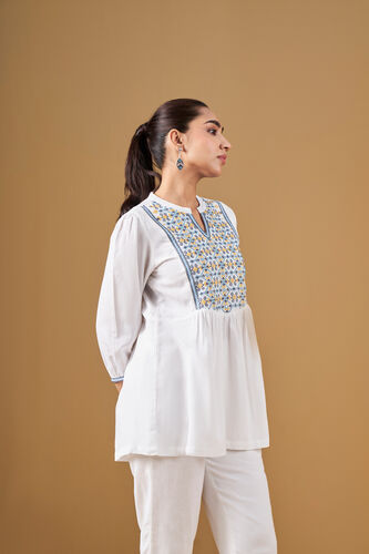 Geometric Embroidery Casual Top, White, image 3